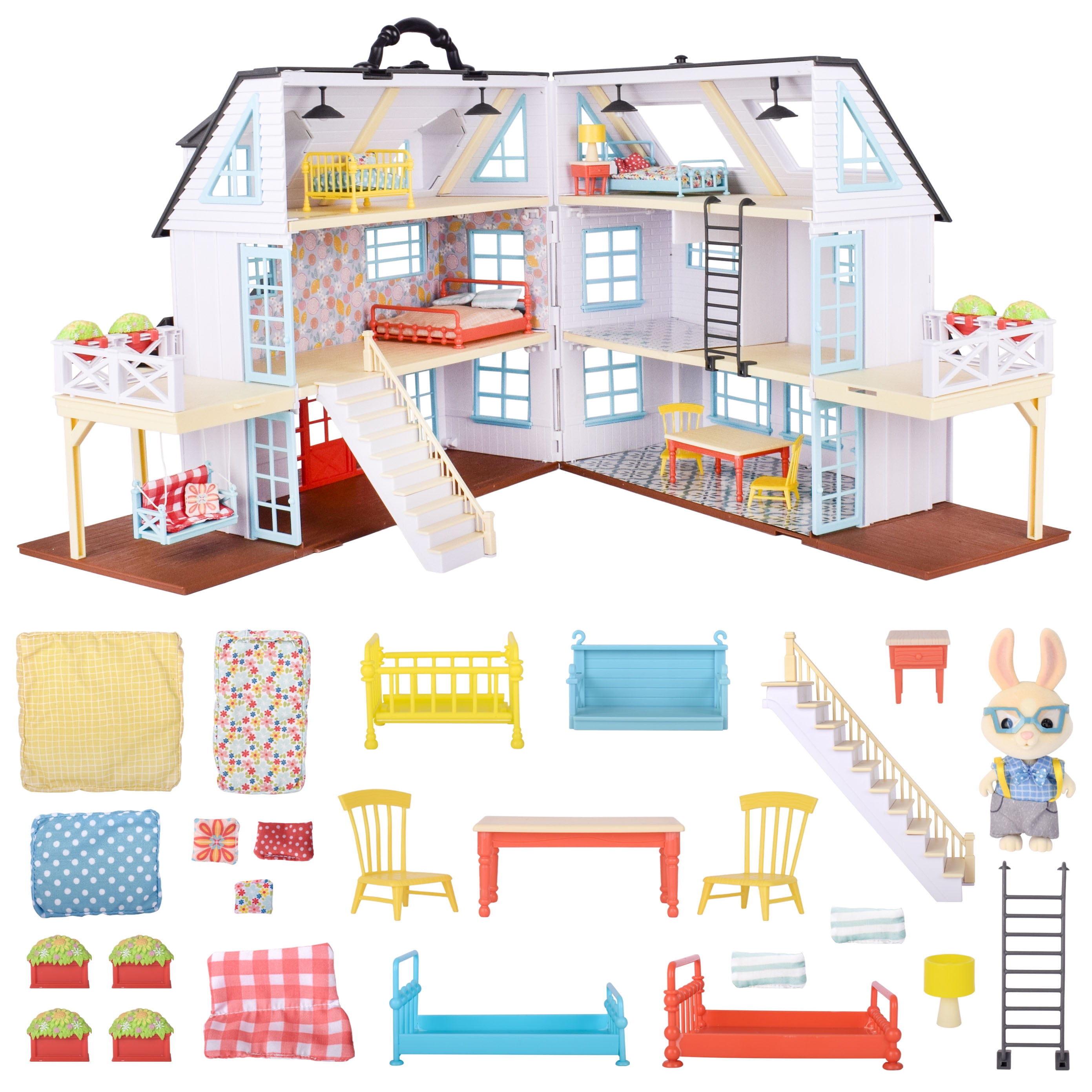 Honey Bee Acres Buzzby Farmhouse Dollhouse – 25 Piece Three-Story Miniature Country Dollhouse with Movable Staircase, Porch Swing, Detailed Furniture & Exclusive Rabbit Figure – Pretend Play Home for