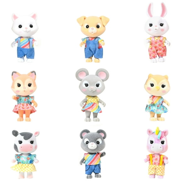 Honey Bee Acres Playground Pals  Includes 9 Miniature Flocked Animal Figures with Removable Outfits  Dollhouse Toy Set for Kids Ages 3+