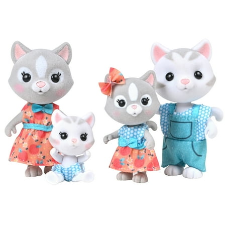 Honey Bee Acres Purringtons Cat Family – Includes 4 Miniature Flocked Animal Figures with Removable Outfits – Dolls for Kids Ages 3+
