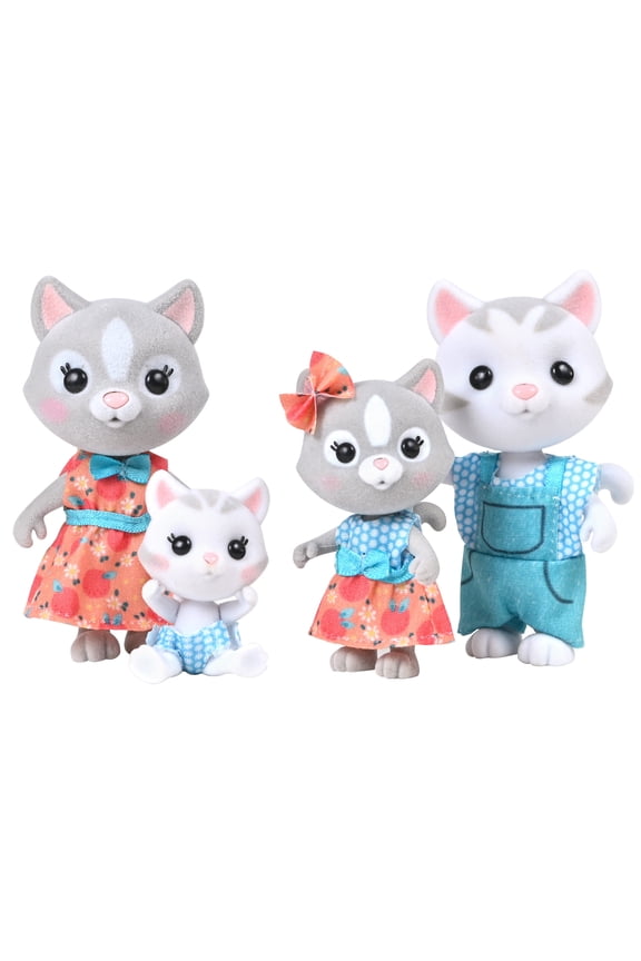 Purringtons Cat Family  Includes 4 Miniature Flocked Animal Figures with Removable Outfits  Dolls for Kids Ages 3+