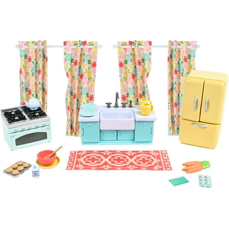 Honey Bee Acres Sweet Home Kitchen Decor – 27 Piece Dollhouse Furniture & Accessories – Miniature Playset with Fridge, Oven, Food & More - Kids 3+