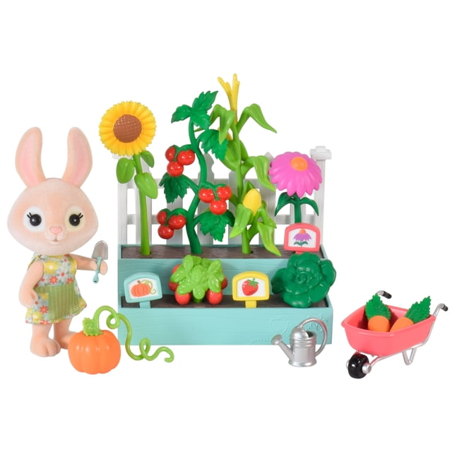 Honey Bee Acres Time to Garden Playset 16 Piece Miniature Dollhouse Set with Bunny Figure, Wheelbarrow, Vegetables & More Dolls for Kids Ages 3+