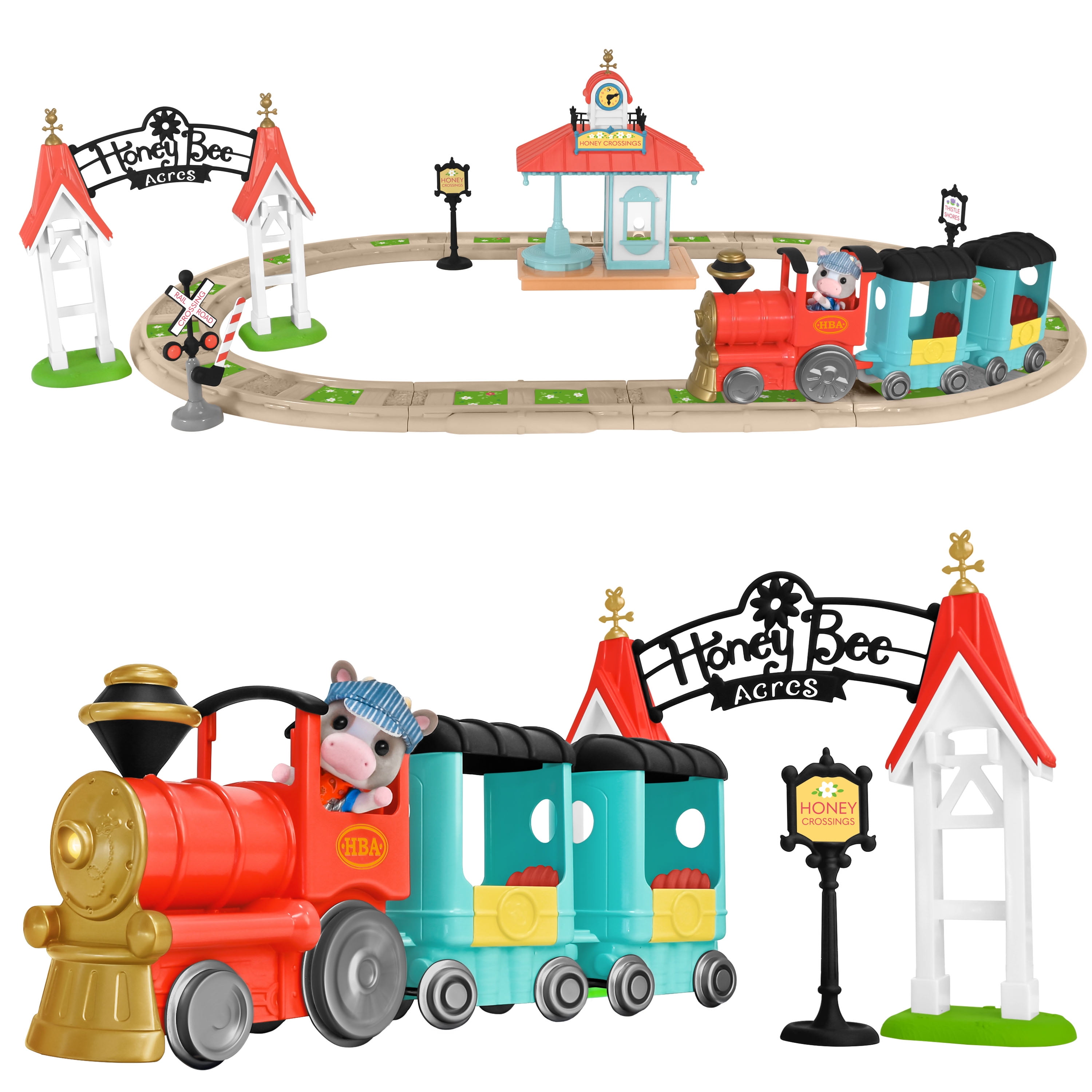 Honey Bee Acres Thistlestop Electric Train Station Set Motorized Engine, Realistic Lights & Sounds, Poseable Cow Figure, 19 Pieces for Ages 3+