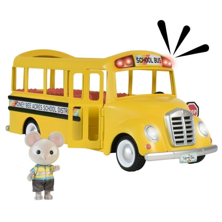 Honey Bee Acres Sunshine School Bus – Vehicle Toy with Lights & Sounds, Opening Doors, and Mouse Figure – Pretend Play Dolls for Kids Ages 3+