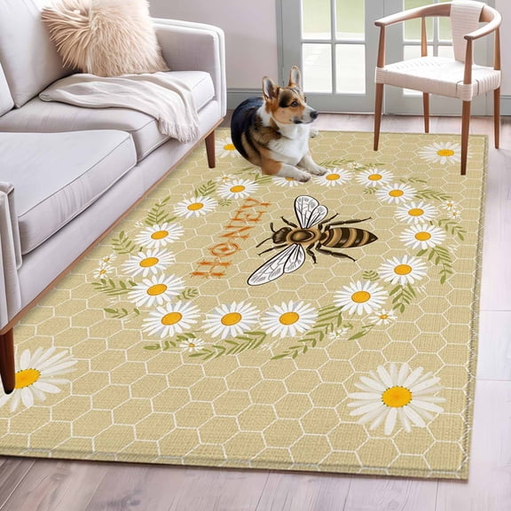 Honey Bee Area Rugs 3x5 ft Retro White Daisy Wreath Leaf Honeycomb Texture Washable Rug Non Slip Indoor Carpet Absorbent Floor Mat for Living Room Bedroom Dining Room