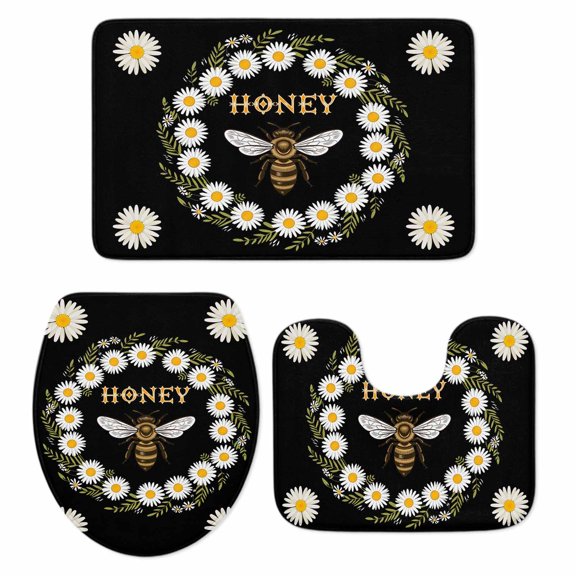 Honey Bee Bathroom Rugs Set Retro White Daisy Wreath Leaf Black Background Non Slip Absorbent Soft Bath Mats 3 Piece Set with Bathroom Rug, U-Shaped Floor Mat, Toilet Seat Cover Small Size