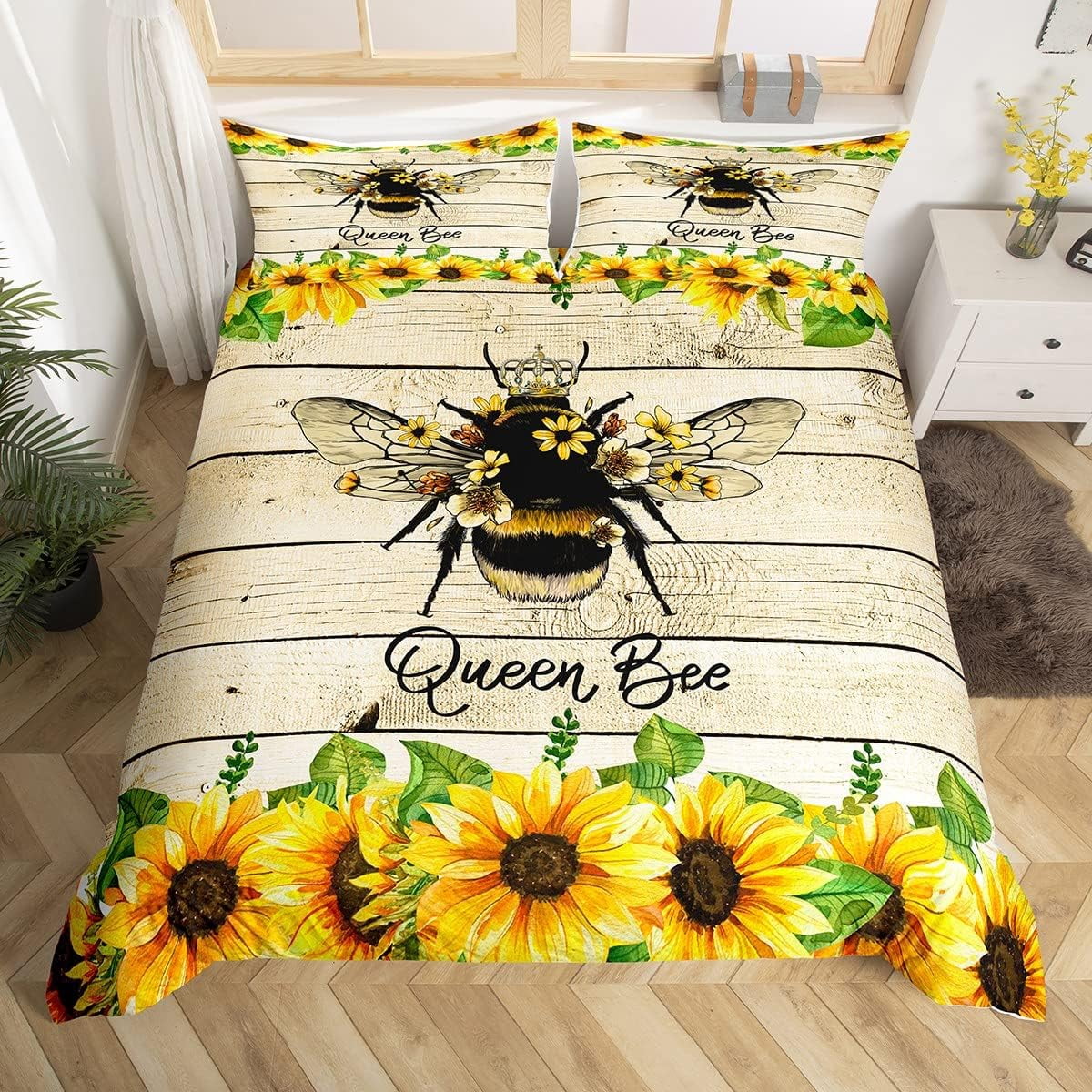 Honey Bee Bedding Set for Girls Boys Sunfloral Yellow Bee Comforter