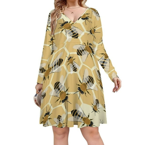 Honey Bee Bee Honeycomb Pattern Long Sleeve Dresses For Women Vintage Elegant Party Dress Oversized V-neck Dress S-8XL