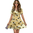 thumbnail image 1 of Honey Bee Bee Honeycomb Pattern Women Dress V-Neck Short Sleeve Flowy Swing Party Midi Dress, 1 of 4