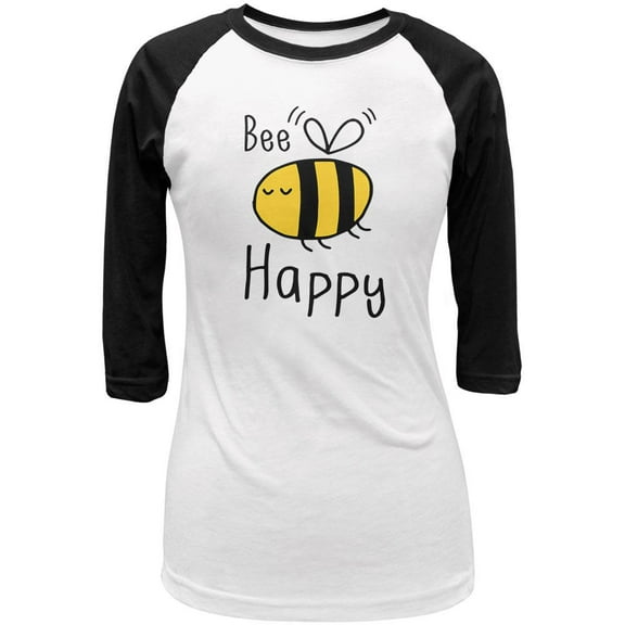 Honey Bee Bees Bee Happy Juniors 3/4 Sleeve Raglan T Shirt White-Black LG