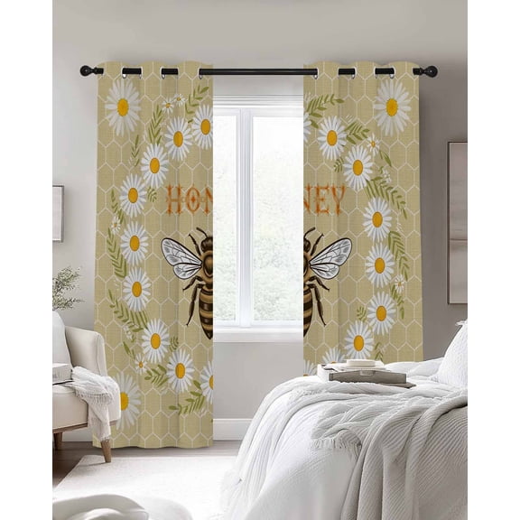 Honey Bee Blackout Curtains 2 Panels Retro White Daisy Wreath Leaf Honeycomb Texture Thermal Insulated Grommet Window Curtains for Bedroom Living Room 52"x96"