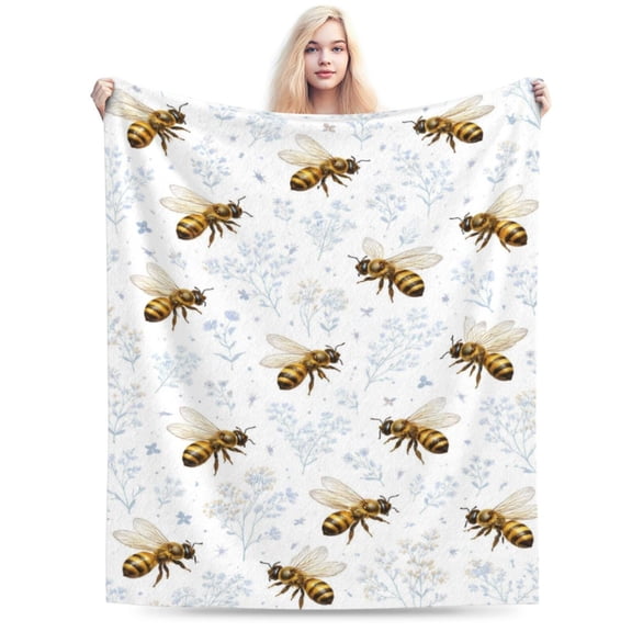 Honey Bee Blanket, Botanical Wildflower Throw, Rustic Farmhouse Fleece Blanket for Spring Mother’s Day Garden Home Decor Gift 50x40