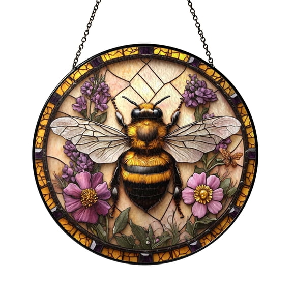 Honey Bee Bumblebee Window Suncatcher Stained Glass Style Hanging Decor, Bee Honeycomb Decorative Panel Art for Window Decoration Nature Inspired Garden Home Decor