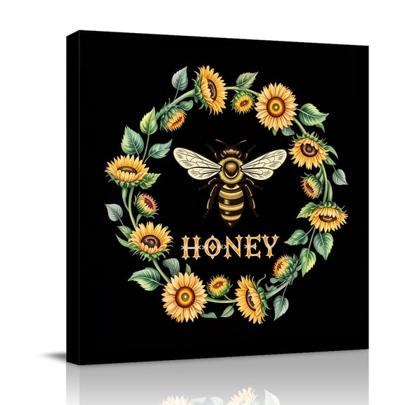 Honey Bee Canvas Wall Art for Living Room, Retro Sunflowers Wreath Green Leaf Black Background Poster Print Painting for Bedroom Office Home Decoration Wall Pictures Prepare To Hang 10"x10"