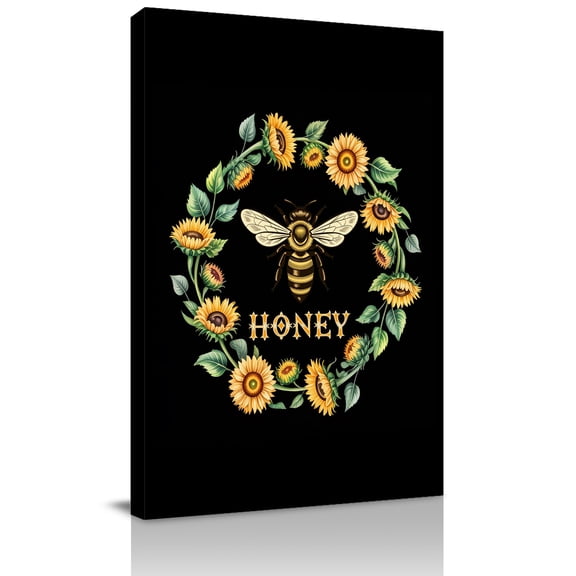 Honey Bee Canvas Wall Art for Living Room, Retro Sunflowers Wreath Green Leaf Black Background Wall Decor Framed Artwork Pictures Ready to Hang for Bedroom Office Home Decor