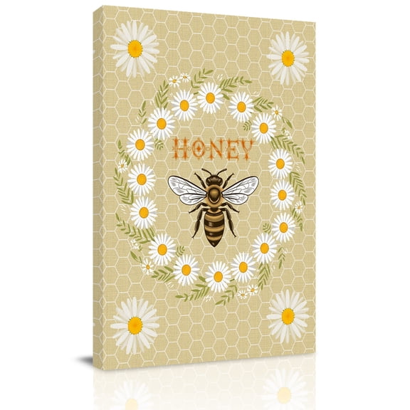 Honey Bee Canvas Wall Art for Living Room, Retro White Daisy Wreath Leaf Honeycomb Texture Wall Decor Framed Artwork Pictures Ready to Hang for Bedroom Office Home Decor