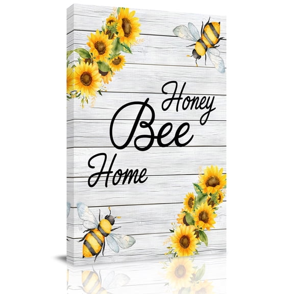 Honey Bee Canvas Wall Art for Living Room, Spring Florals Farm Plants Watercolor Bee Wood Grain Poster Print Painting for Bedroom Office Home Decoration Wall Pictures Prepare To Hang 22"x28"