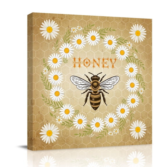 Honey Bee Canvas Wall Art for Living Room, Vintage White Daisy Wreath Leaf Honeycomb Texture Poster Print Painting for Bedroom Office Home Decoration Wall Pictures Prepare To Hang 8"x8"