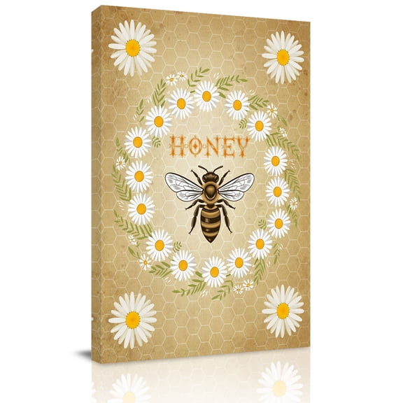 Honey Bee Canvas Wall Art for Living Room, Vintage White Daisy Wreath Leaf Honeycomb Texture Wall Decor Framed Artwork Pictures Ready to Hang for Bedroom Office Home Decor