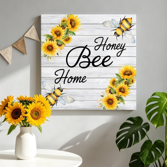 Honey Bee Canvas Wall Art, Spring Florals Farm Plants Watercolor Bee Wood Grain Pictures Wall Decor Wooden Framed Artwork Art Prints for Living Room Hallway Bedroom Office 16"x16"
