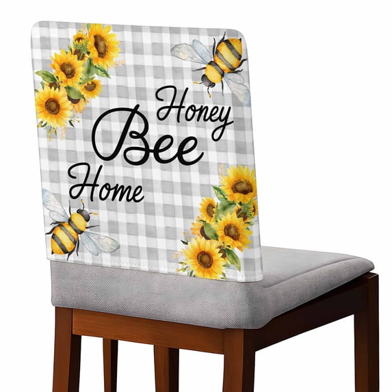 Honey Bee Chair Covers Set of 4 Spring Flowers Farm Plants Watercolor Bee Gray Plaid Chair Back Covers Stretch Removable Washable Slipcovers Protector for Dining Room Kitchen Party Decor