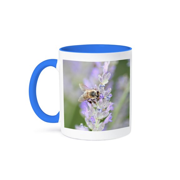 Honey Bee Close Up On Lavender Nature Photography, 11oz Two-Tone Blue Mug