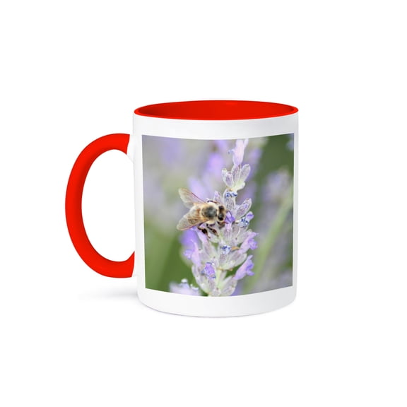 Honey Bee Close Up On Lavender Nature Photography, 11oz Two-Tone Red Mug