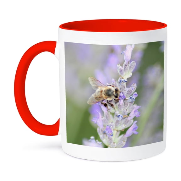 Honey Bee Close Up On Lavender Nature Photography, 11oz Two-Tone Red Mug