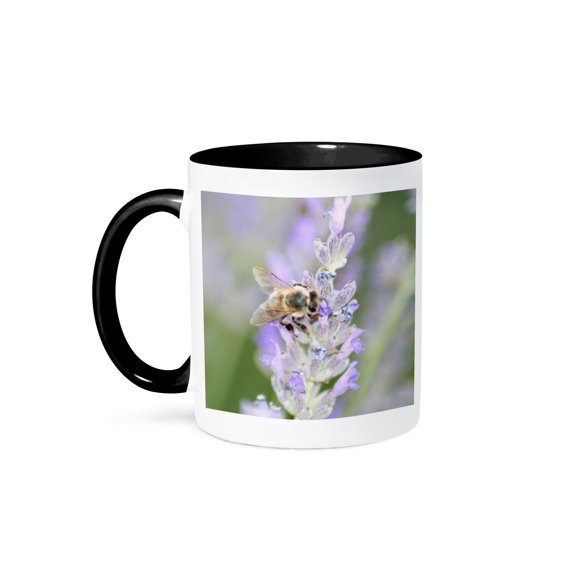Honey Bee Close Up On Lavender Nature Photography, 15oz Two-Tone Black Mug