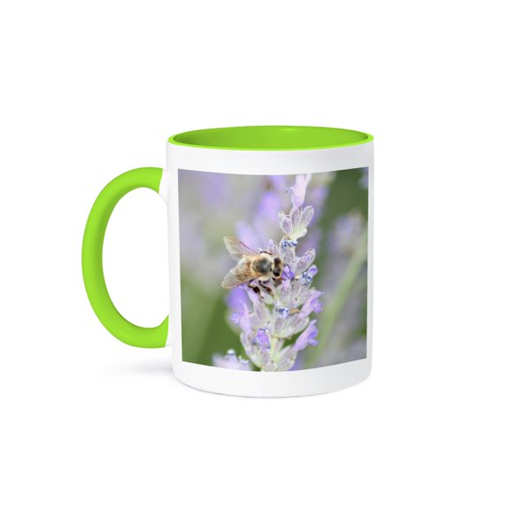 Honey Bee Close Up On Lavender Nature Photography, 15oz Two-Tone Green Mug