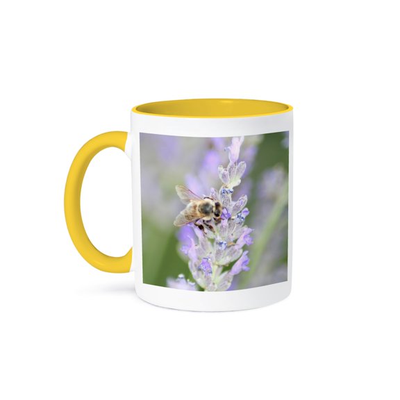 Honey Bee Close Up On Lavender Nature Photography, 15oz Two-Tone Yellow Mug
