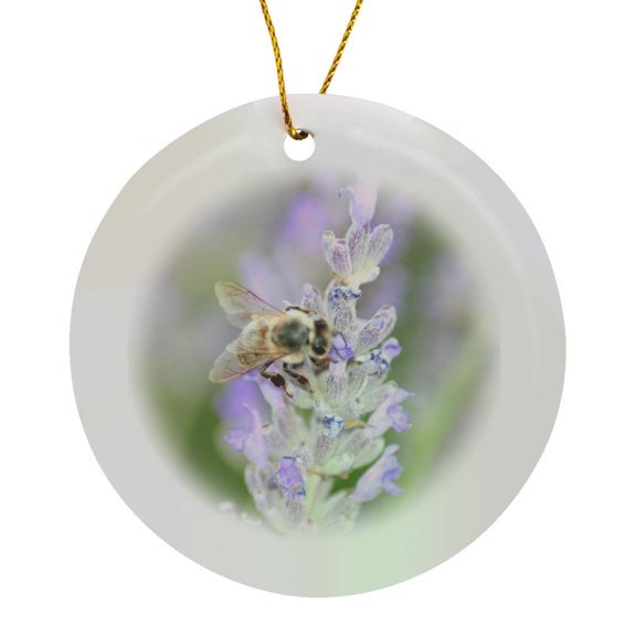 Honey Bee Close Up On Lavender Nature Photography, Circle Porcelain Ornament