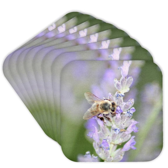 Honey Bee Close Up On Lavender Nature Photography, set of 8 Coasters - Soft