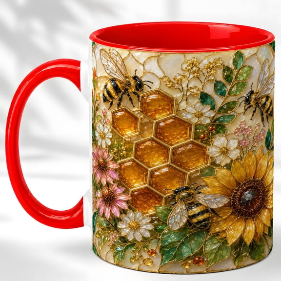 Honey Bee Coffee Mug, Honeycomb Floral Mug, Ceramic Cup