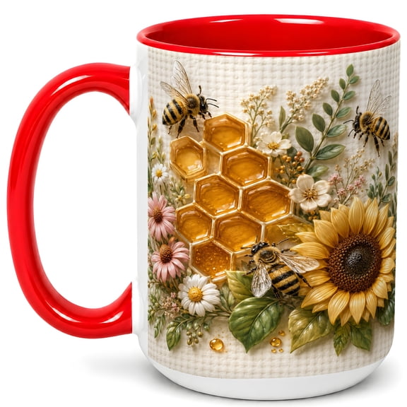 Honey Bee Coffee Mug, Sunflower Floral Mug, Ceramic Cup