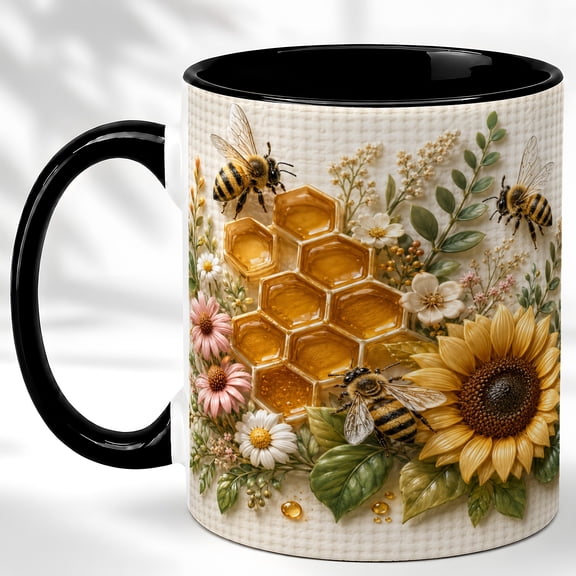 Honey Bee Coffee Mug, Sunflower Floral Mug, Ceramic Cup