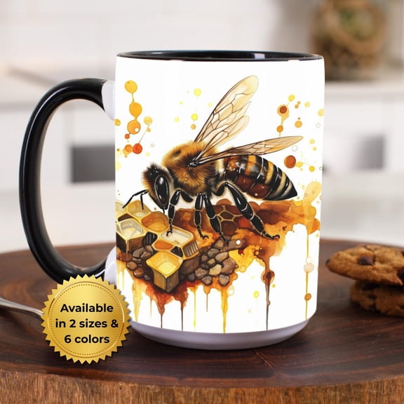 Honey Bee Coffee Mug with Watercolor Honeycomb Design