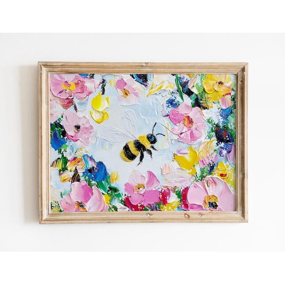 Honey Bee, Colorful Bumblebee Art On Flowers, Original Miniature Artwork, Impasto, Vibrant Floral Wall Decor, 8x12 UNFRAMED
