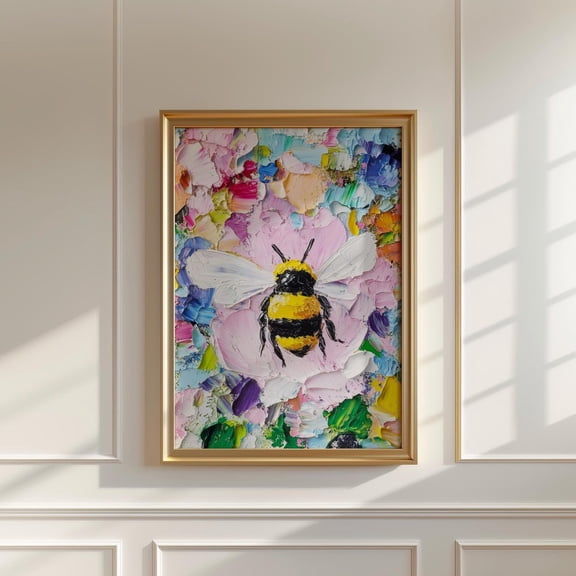 Honey Bee, Colorful Bumblebee Art On Flowers, Original Miniature Artwork, Impasto, Vibrant Floral Wall Poster, 8x12 UNFRAMED