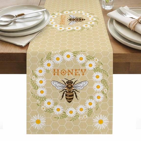 Honey Bee Cotton Linen Table Runner Retro White Daisy Wreath Leaf Honeycomb Texture Dining Table Runners for Home Decor Party Dining Room Restaurant Kitchen Party 13" x 36"