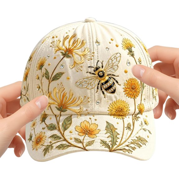 Honey Bee Dandelion Print Dad Hat with Rhinestone Detail, Adjustable Breathable Polyester Work Cap, Warm Floral Insect Headwear for Yard Work & Outdoor Activities (C)