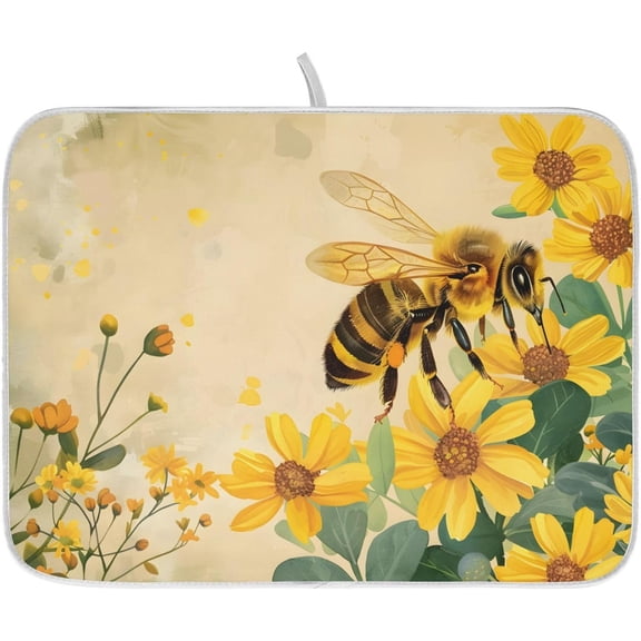 Honey Bee Dish Drying Mat for Kitchen Counter Absorbent Microfiber Small Drying Pad Dish Yellow Flowers Leaves Mats for Kitchen Countertops 16 x 18 Inch