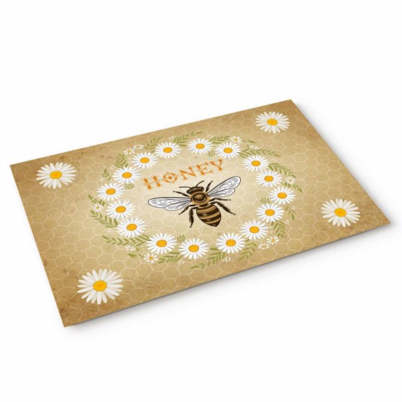 Honey Bee Door Mat Vintage White Daisy Wreath Leaf Honeycomb Texture Non Slip Absorbent Entrance Mat Washable Low Profile Indoor Doormat for Front Door Entryway Entry 18"x30"