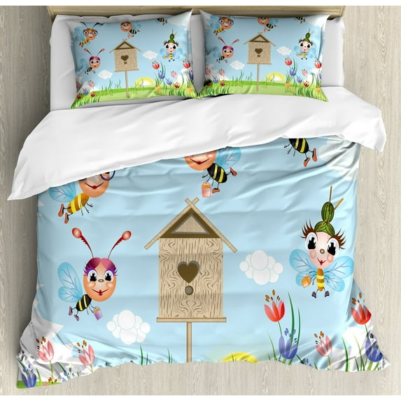 Honey Bee Duvet Cover Set, Cheerful View of a Meadow Landscape with a Honeycomb and Flowers, Decorative 3 Piece Bedding Set with 2 Pillow Shams, Calking Size, Pale Blue and Multicolor, by Ambesonne