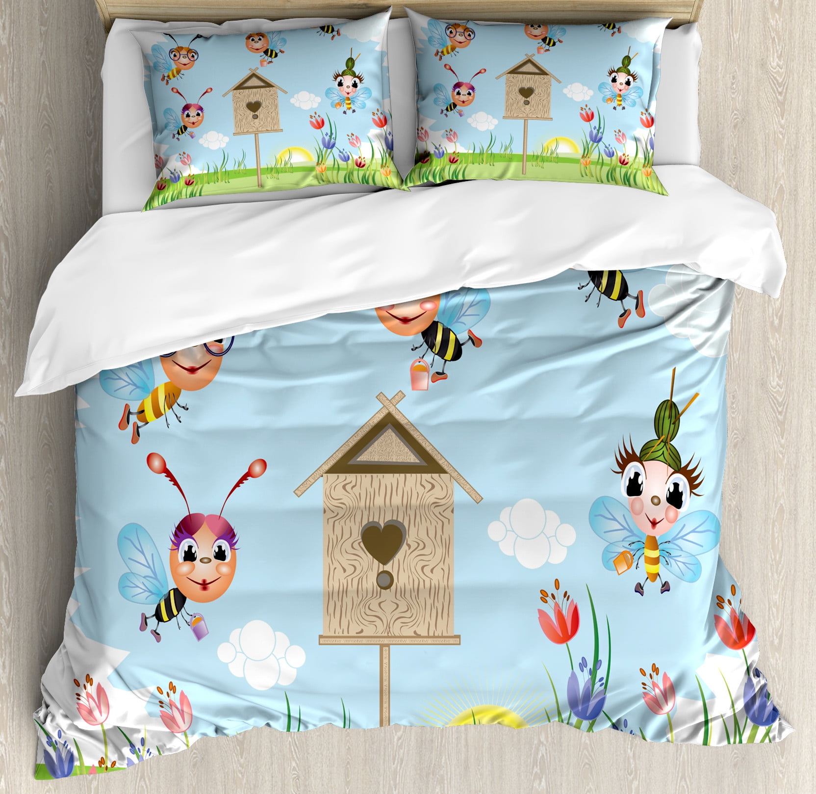 Honey Bee Duvet Cover Set Cheerful View Of A Meadow Landscape With A honey-bee-duvet-cover-set-cheerful-view-of-a-meadow-landscape-with-a