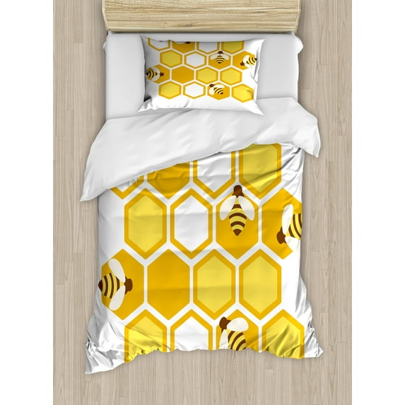 Honey Bee Duvet Cover Set, Geometric Interpretation of a Honeycomb and Flies, Decorative 2 Piece Bedding Set with 1 Pillow Shams, Twin Size, Earth Yellow Mustard, by Ambesonne