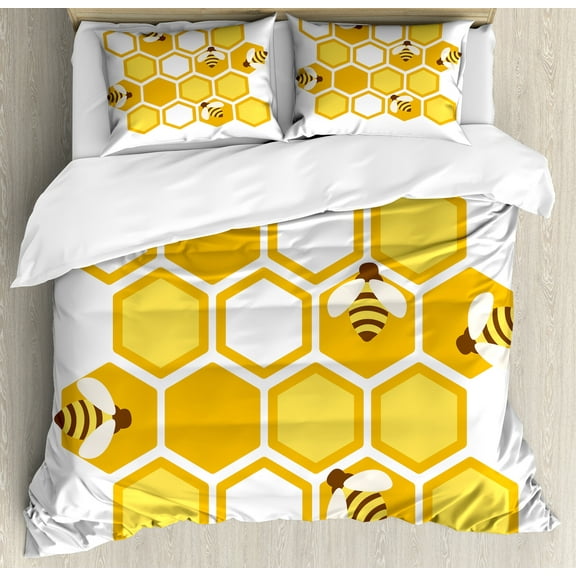 Honey Bee Duvet Cover Set, Geometric Interpretation of a Honeycomb and Flies, Decorative 3 Piece Bedding Set with 2 Pillow Shams, Calking Size, Earth Yellow Mustard, by Ambesonne
