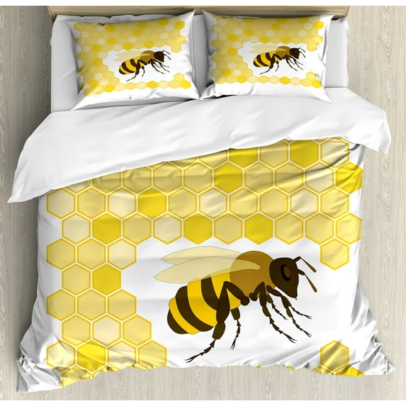 Honey Bee Duvet Cover Set, Single Bug Silhouette with Monochrome Hexagons, Decorative 3 Piece Bedding Set with 2 Pillow Shams, Queen Size, Mustard Yellow, by Ambesonne