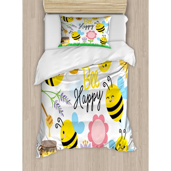 Honey Bee Duvet Cover Set Twin Size, Cartoon Style Illustration of a Bee Happy Garden Scene and an Organic Honey Jar, Decorative 2 Piece Bedding Set with 1 Pillow Sham, Multicolor, by Ambesonne