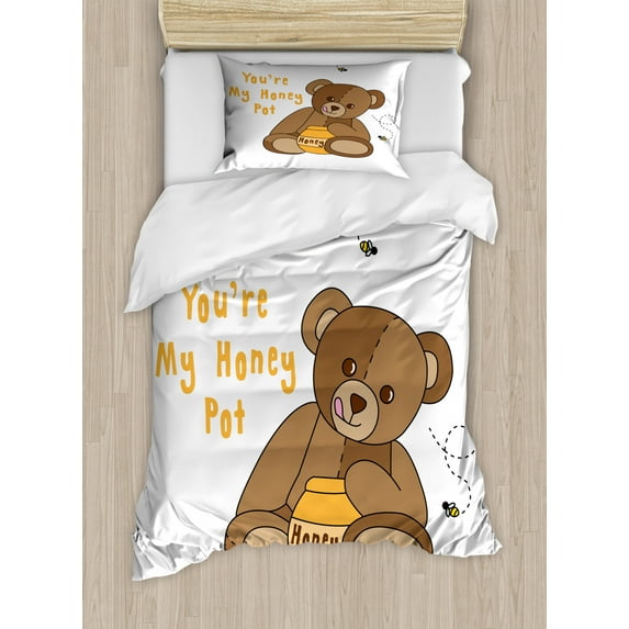 Honey Bee Duvet Cover Set, You're My Honey Pot Phrase with a Hungry Teddy Bear Cartoon, Decorative 2 Piece Bedding Set with 1 Pillow Shams, Twin Size, Umber Caramel, by Ambesonne